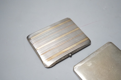 A 1920's silver and two colour yellow metal cigarette case, 92mm, gross 88 grams and a plated cigarette case.